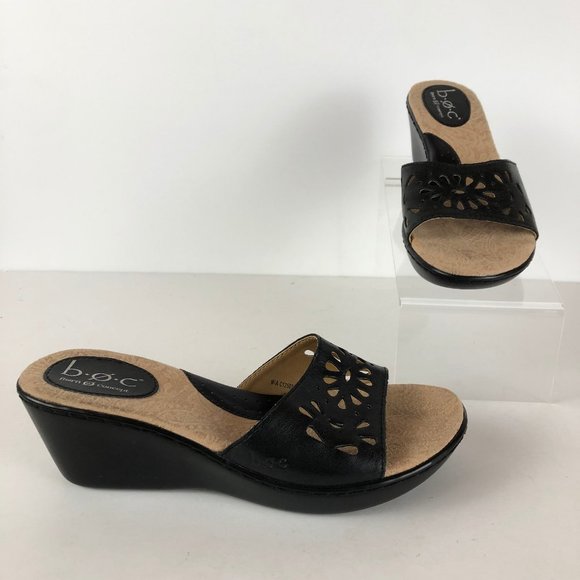 BOC Black Leather Laser Cutout Wedge Sandals Sz 6